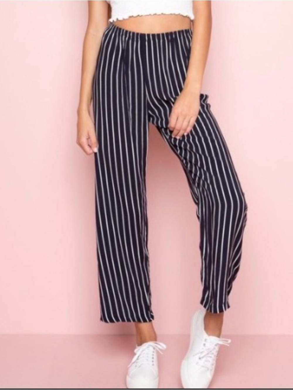 Brandy Melville Navy & White Striped Wide-Leg Crop Trousers